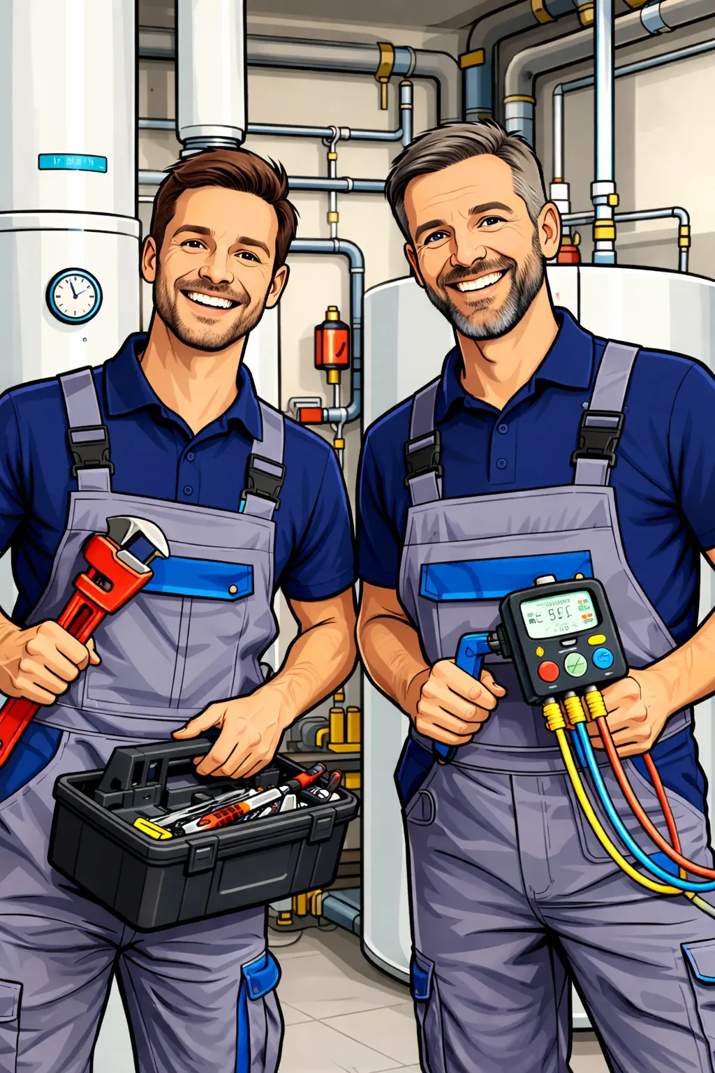 Fröhliche Heizungsmonteure bei der Arbeit